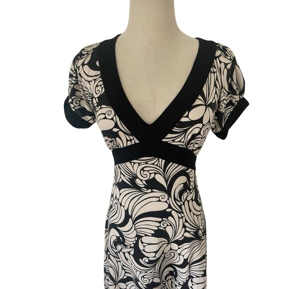 Y2K Dunnes Dress Babydoll Black And Ivory Geometric Pattern Empire Waist Sz 6 - Picture 4 of 6
